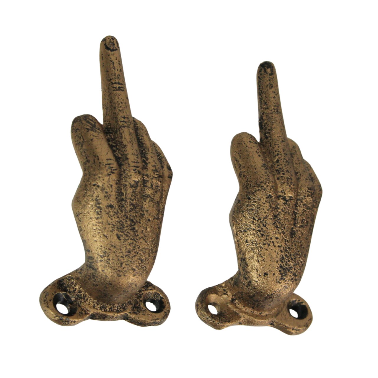 Set of 2 Cast Iron Middle Finger Wall Hooks – Bold Antique Gold Hand Gesture Decor for Entryway, Bedroom, or Office – Durable, Easy-to-Mount Hooks for Keys, Accessories, and More